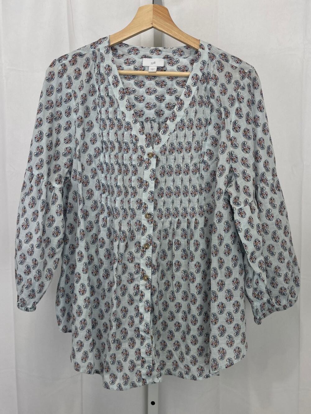 J. JILL Paisley Print Pleated Button Front Top 3/4 Sleeve Blouse Cotton Blue L